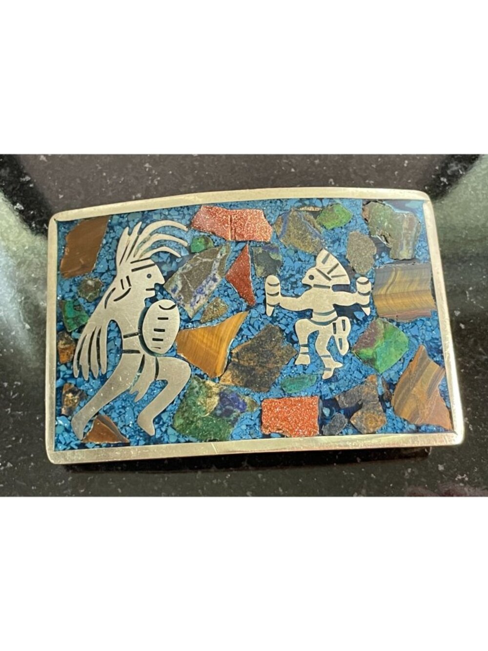 Vintage Southwestern Mosaic Stone Inlay Belt Buckle Pictorial Tribal Figures